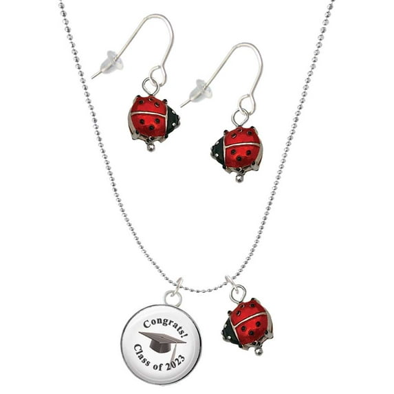 Delight Jewelry Silvertone Domed Class of 2023 Red Lucky Ladybug Necklace and Dangle Earrings Set