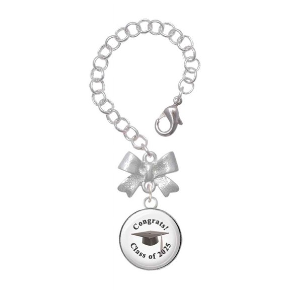 Delight Jewelry Silvertone Domed Class of 2025 - Silvertone Bow Charm Accessory for Tumblers and Thermal Cups