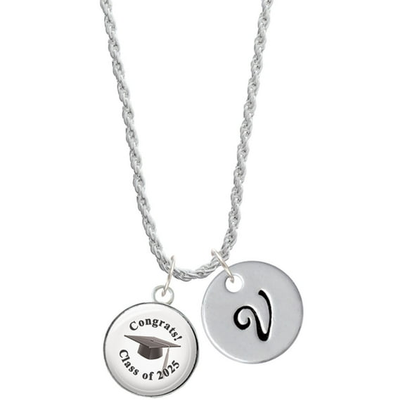Delight Jewelry Silvertone Domed Class of 2025 Silvertone Script Initial Disc - V - Charm Necklace, 20"+3"