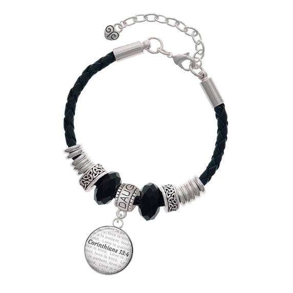 Delight Jewelry Silvertone Domed Corinthians 13:4 Daughter Celtic Knot Leather Bead Bracelet, 7"+2" Extender
