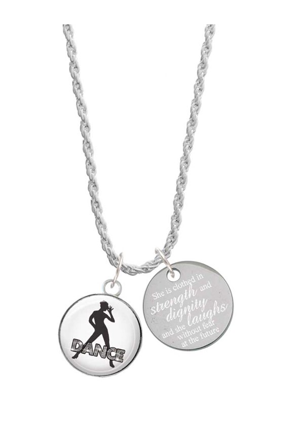 Silvertone Domed Jazz Girl with Hat She is Clothed in Stength and Dignity Charm Necklace, 20"+3"
