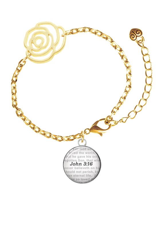 Silvertone Domed John 3:16 Gold-tone Flower Link Chain Bracelet, 6.75"+2" Extender