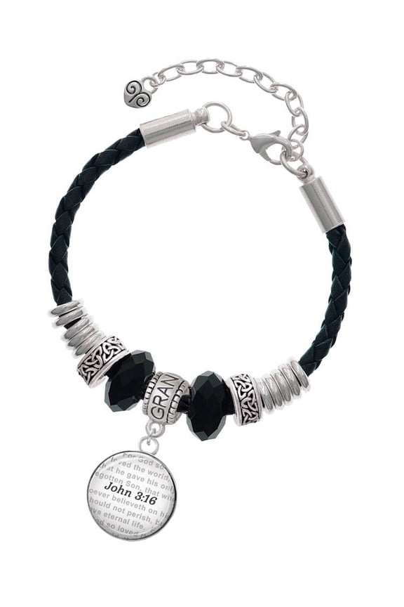 Silvertone Domed John 3:16 Grandmother Celtic Knot Leather Bead Bracelet, 7"+2" Extender