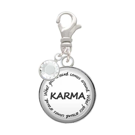 Delight Jewelry Silvertone Domed Karma - Silvertone Clip on Charm with Clear Crystal Drop