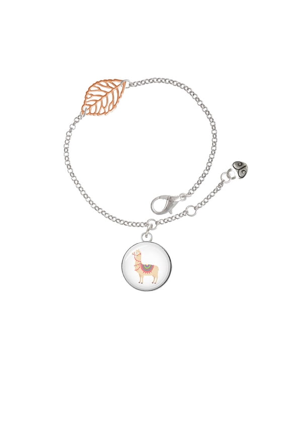 Silvertone Domed Llama - Rose Goldtone Leaf Delicate Bracelet, 6.25+1.75"