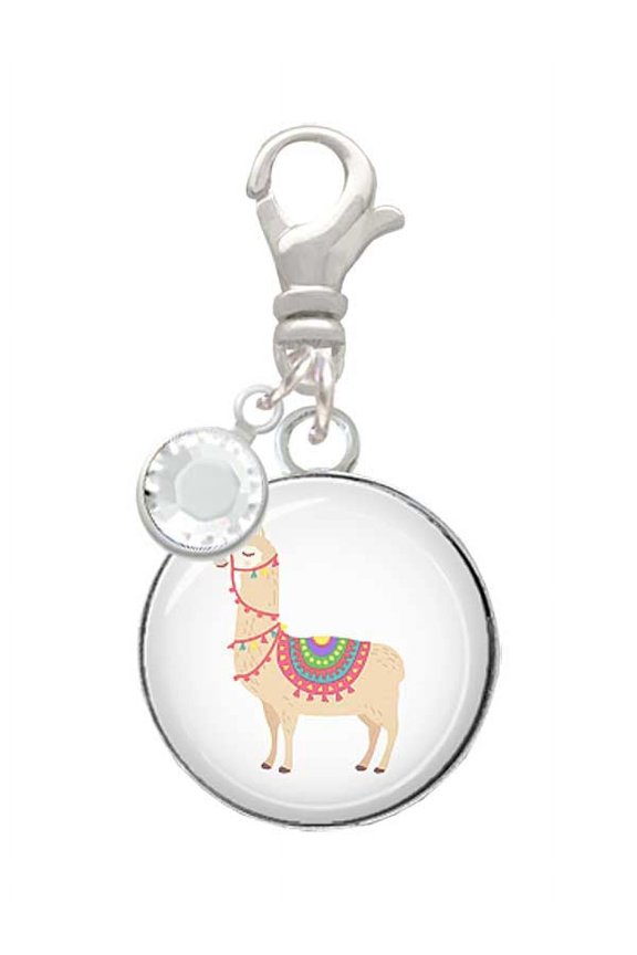 Silvertone Domed Llama - Silvertone Clip on Charm with Clear Crystal Drop
