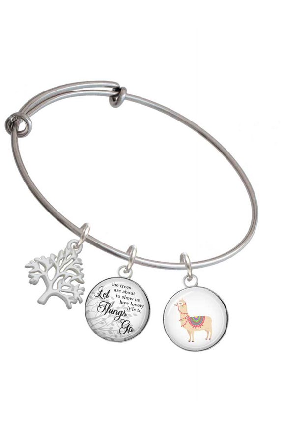Silvertone Domed Llama Silvertone Let Things Go Tree Charm Bangle Bracelet