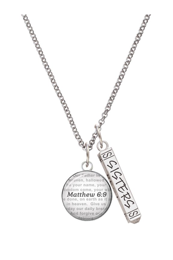 Silvertone Domed Matthew 6:9 Silvertone Sisters Best Friends Forever Bar Charm Necklace, 23"