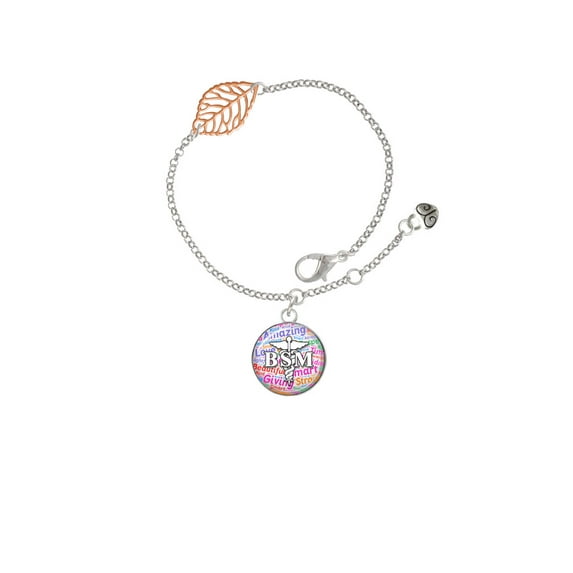 Delight Jewelry Silvertone Domed Multi Color BSM - Rose Goldtone Leaf Delicate Bracelet, 6.25+1.75"