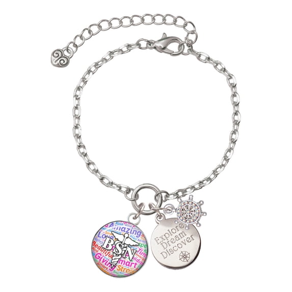 Delight Jewelry Silvertone Domed Multi Color BSN Silvertone Discover Dream Explore Zoey Charm Bracelet, 6.5+2" Extender
