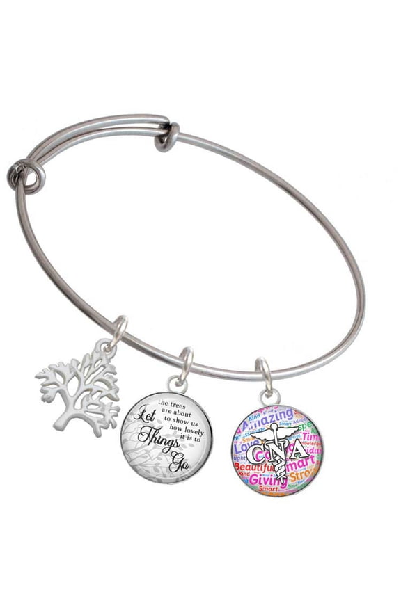 Silvertone Domed Multi Color CNA Silvertone Let Things Go Tree Charm Bangle Bracelet