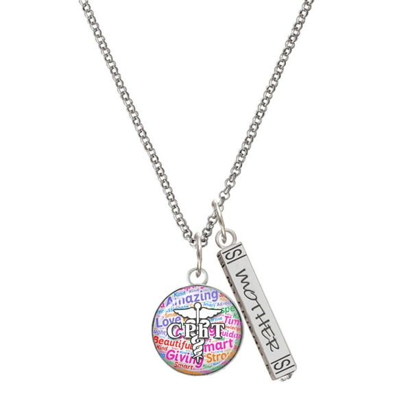 Delight Jewelry Silvertone Domed Multi Color CPhT Silvertone Mother Daughter Bar Charm Necklace, 23"