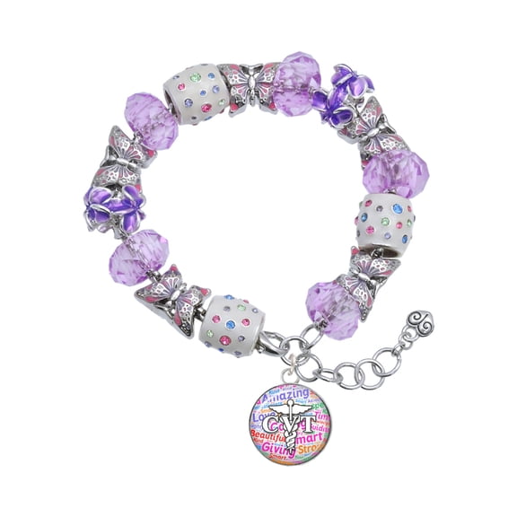 Delight Jewelry Silvertone Domed Multi Color CVT Purple Butterfly Bead Charm Bracelet, 7"+1" Extender