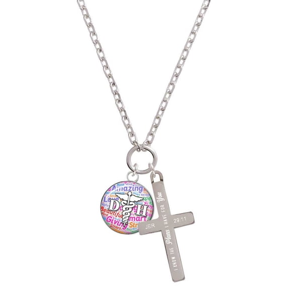 Delight Jewelry Silvertone Domed Multi Color DH I Have Plans for You Engraved Cross Zoey Necklace, 28"