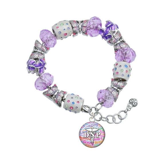 Delight Jewelry Silvertone Domed Multi Color DNP Purple Butterfly Bead Charm Bracelet, 7"+1" Extender