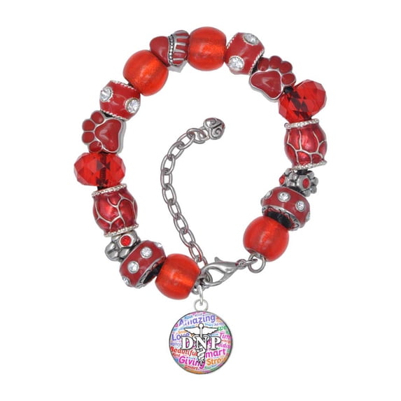 Delight Jewelry Silvertone Domed Multi Color DNP Red Paw Print Bead Bracelet, 7"+2"