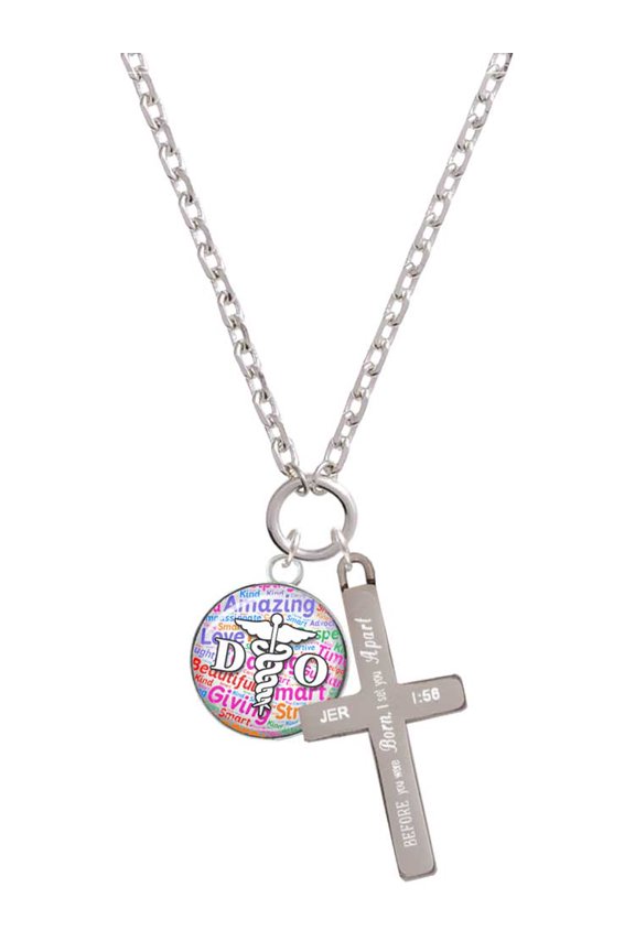 Silvertone Domed Multi Color DO I Set You Apart Engraved Cross Zoey Necklace, 28"