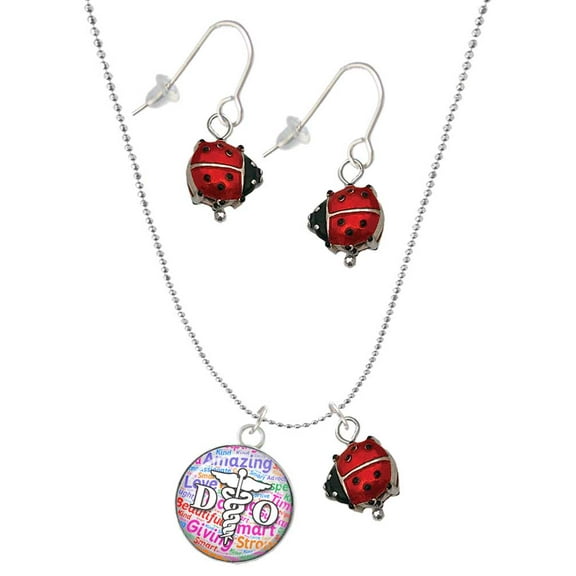 Delight Jewelry Silvertone Domed Multi Color DO Red Lucky Ladybug Necklace and Dangle Earrings Set