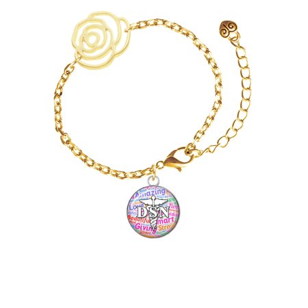 Delight Jewelry Silvertone Domed Multi Color DSN Gold-tone Flower Link Chain Bracelet, 6.75"+2" Extender