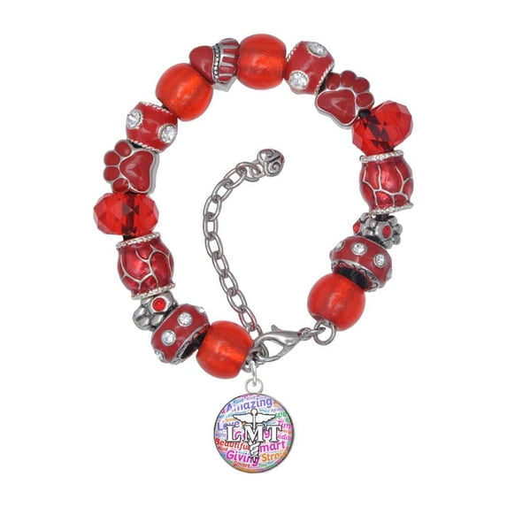 Delight Jewelry Silvertone Domed Multi Color LMT Red Paw Print Bead Bracelet, 7"+2"