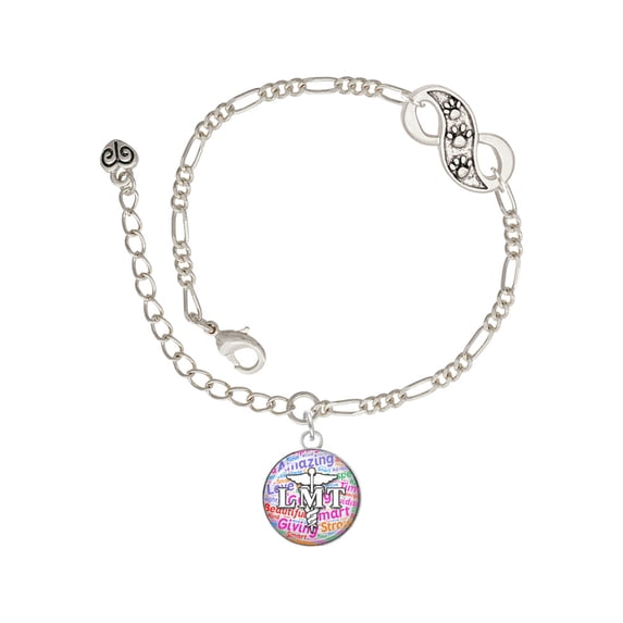 Delight Jewelry Silvertone Domed Multi Color LMT Silver-tone Paw Infinity Link Chain Bracelet, 6"+2" Extender