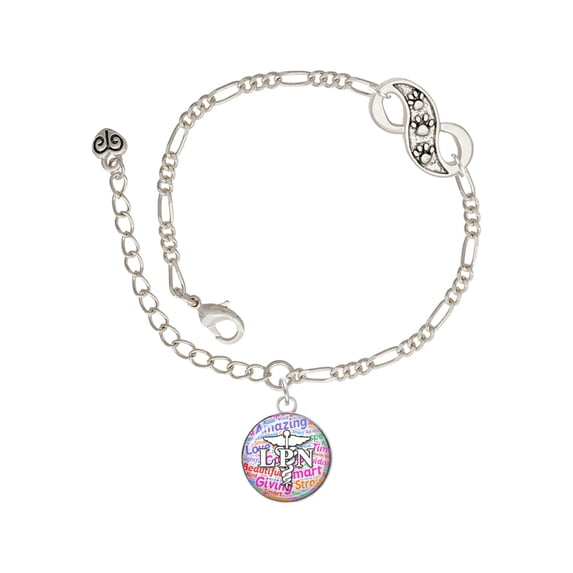 Delight Jewelry Silvertone Domed Multi Color LPN Silver-tone Paw Infinity Link Chain Bracelet, 6"+2" Extender