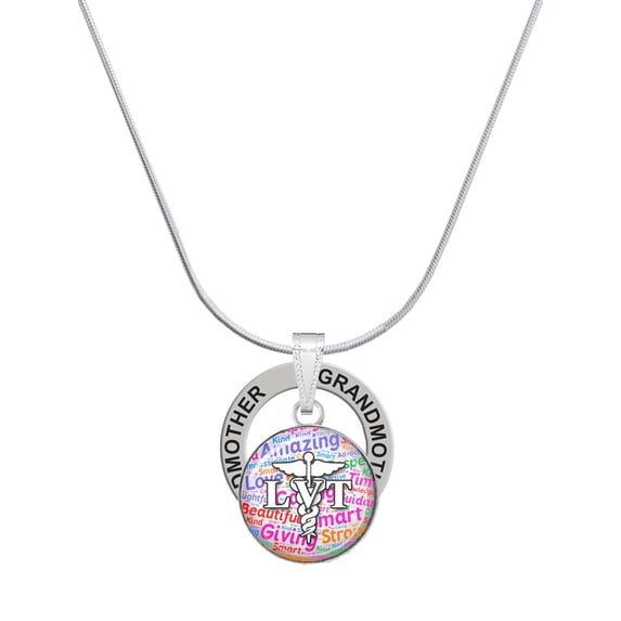 Delight Jewelry Silvertone Domed Multi Color LVT Silvertone Grandmother Ring Charm Necklace, 18"