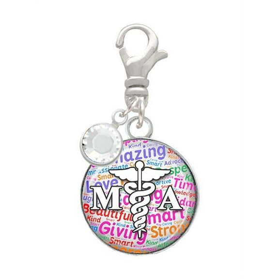 Delight Jewelry Silvertone Domed Multi Color MA - Silvertone Clip on Charm with Clear Crystal Drop