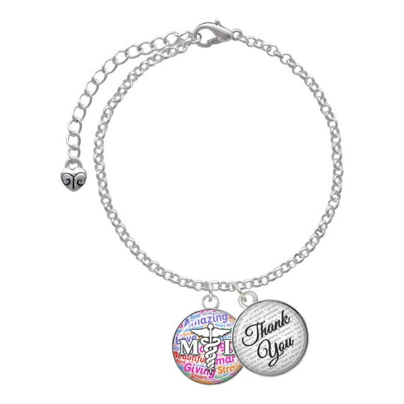 Delight Jewelry Silvertone Domed Multi Color MD - Domed Thank You Charm Bracelet, 6"+2"