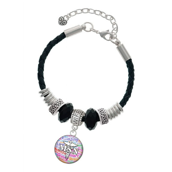 Delight Jewelry Silvertone Domed Multi Color MSN Wife Celtic Knot Leather Bead Bracelet, 7"+2" Extender