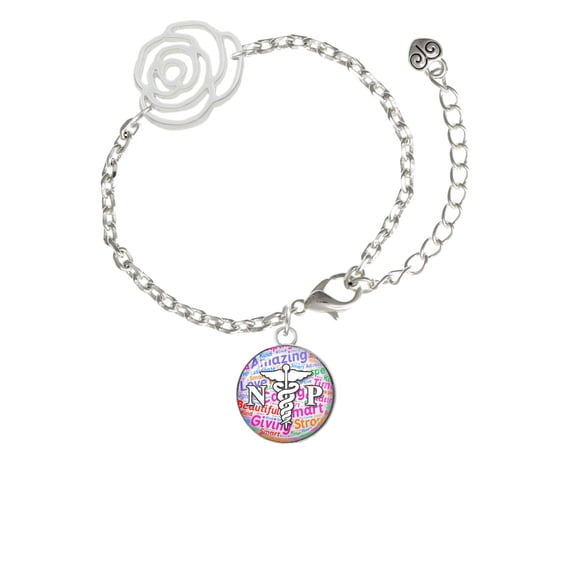 Delight Jewelry Silvertone Domed Multi Color NP Silver-tone Flower Link Chain Bracelet, 6.75"+2" Extender