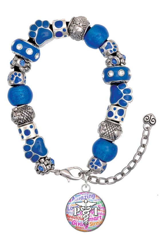 Silvertone Domed Multi Color PT Blue Paw Print Bead Bracelet, 7"+2"