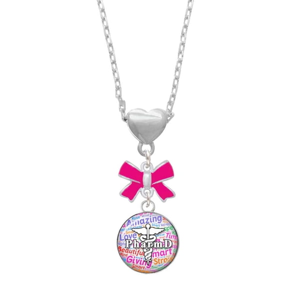 Delight Jewelry Silvertone Domed Multi Color PharmD Hot Pink Bow Heart Necklace