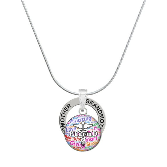 Delight Jewelry Silvertone Domed Multi Color PharmD Silvertone Grandmother Ring Charm Necklace, 18"