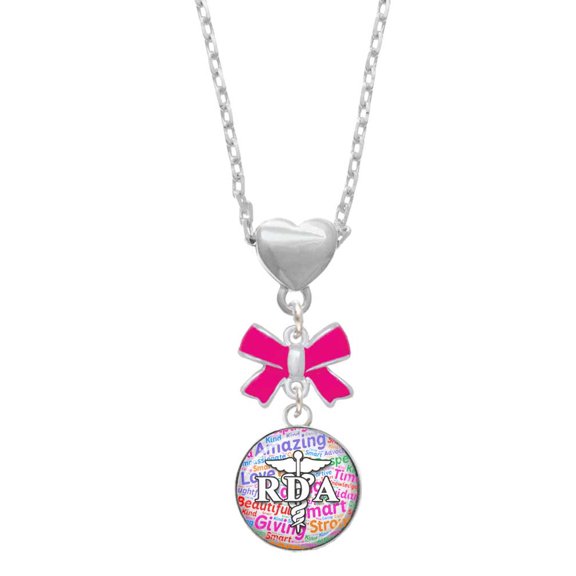 Delight Jewelry Silvertone Domed Multi Color RDA Hot Pink Bow Heart Necklace