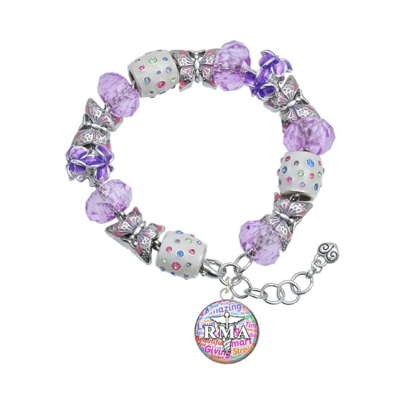 Delight Jewelry Silvertone Domed Multi Color RMA Purple Butterfly Bead Charm Bracelet, 7"+1" Extender