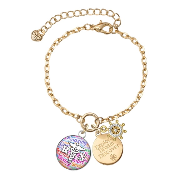 Delight Jewelry Silvertone Domed Multi Color RN Goldtone Discover Dream Explore Zoey Charm Bracelet, 6.5+2" Extender