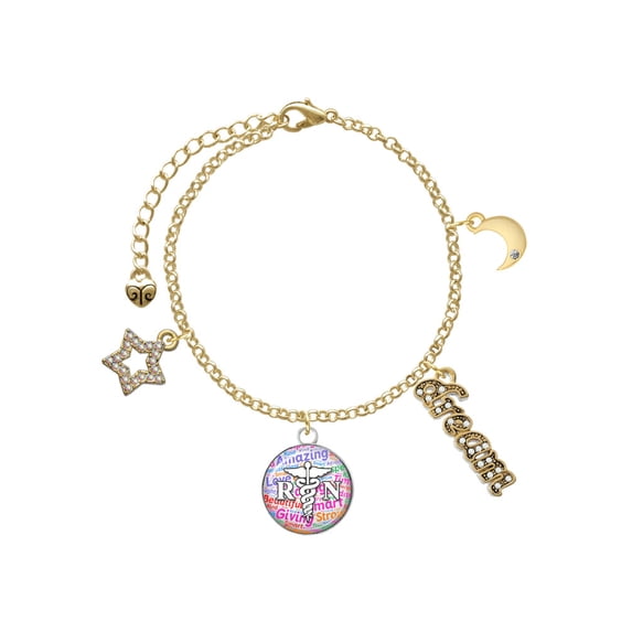 Delight Jewelry Silvertone Domed Multi Color RN Goldtone Dream Big Charm Bracelet, 7.5+2" Extender