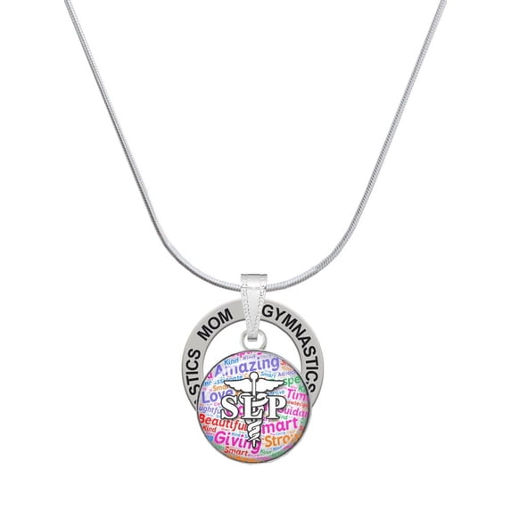 Delight Jewelry Silvertone Domed Multi Color SLP Gymnastics Mom Ring Charm Necklace, 18"