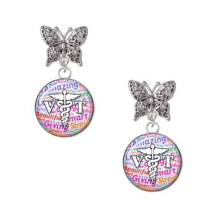 Delight Jewelry Silvertone Domed Multi Color VT Silvertone Antiqued Butterfly Post Earrings