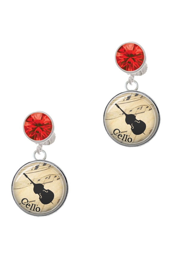 Silvertone Domed Music - Cello Red Crystal Clip on Earrings