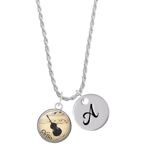 Delight Jewelry Silvertone Domed Music - Cello Silvertone Script Initial Disc - A - Charm Necklace, 20"+3"