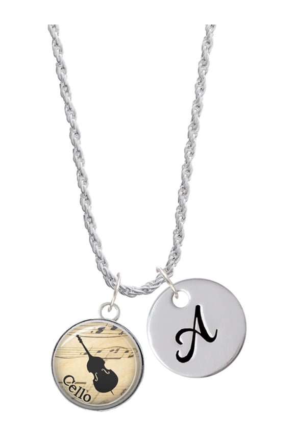 Silvertone Domed Music - Cello Silvertone Script Initial Disc - A - Charm Necklace, 20"+3"