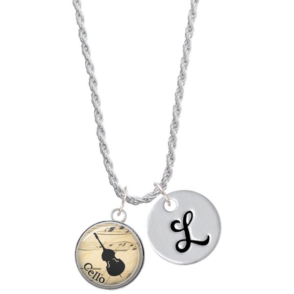Delight Jewelry Silvertone Domed Music - Cello Silvertone Script Initial Disc - L - Charm Necklace, 20"+3"
