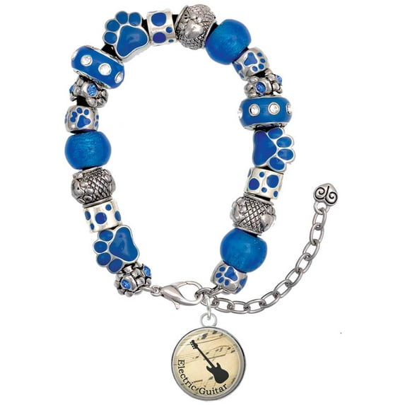 Delight Jewelry Silvertone Domed Music - Electric Guitar Blue Paw Print Bead Bracelet, 7"+2"