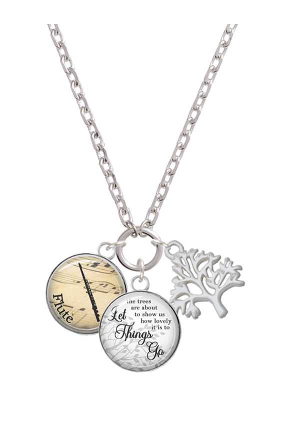 Silvertone Domed Music - Flute Let Things Go Fall Zoey Charm Necklace, 28"