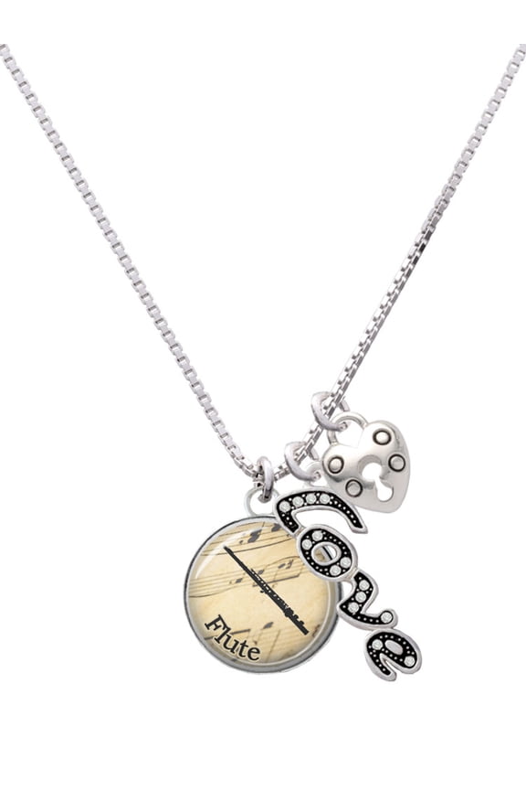 Silvertone Domed Music - Flute - Love and Lock Charm Necklace, 18"+1"