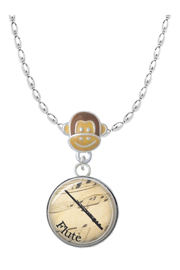 Silvertone Domed Music - Flute Mia Monkey Charm Necklace