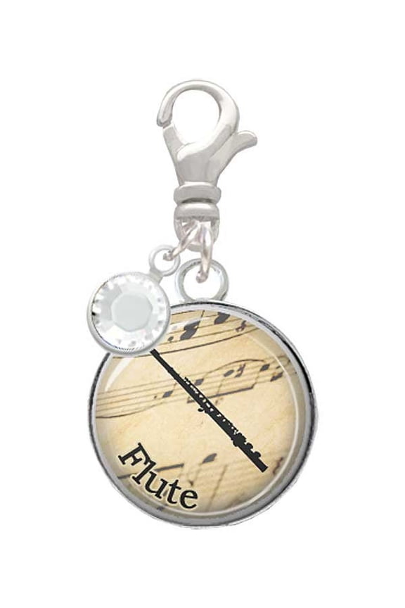 Silvertone Domed Music - Flute - Silvertone Clip on Charm with Clear Crystal Drop