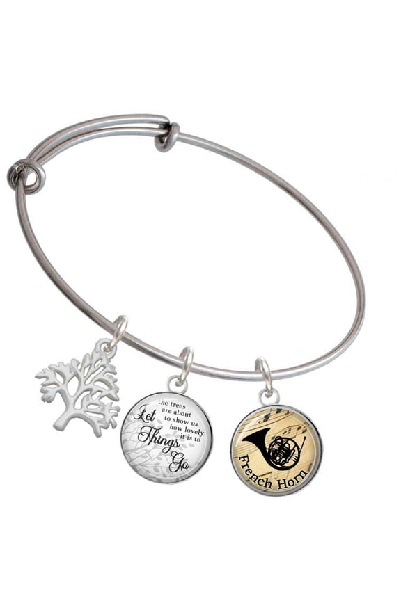 Silvertone Domed Music - French Horn Silvertone Let Things Go Tree Charm Bangle Bracelet